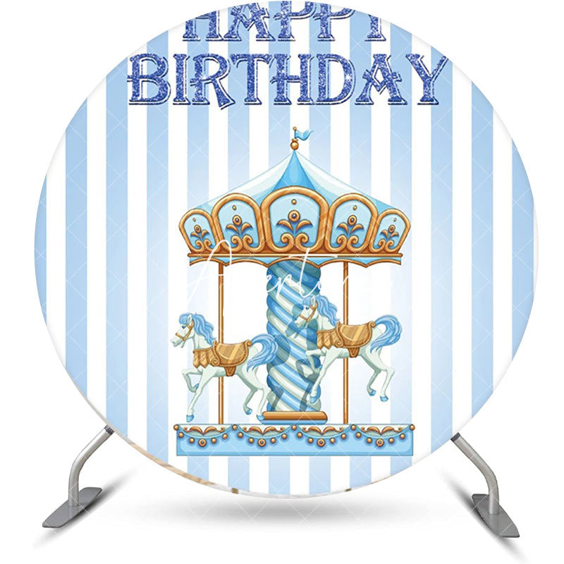 Aperturee - Blue White Stripe Circus Round Birthday Backdrop