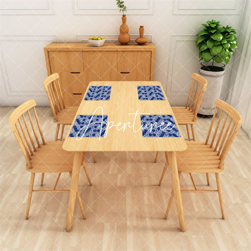 Aperturee - Blue White Wavy Pattern Modern Set Of 4 Placemats