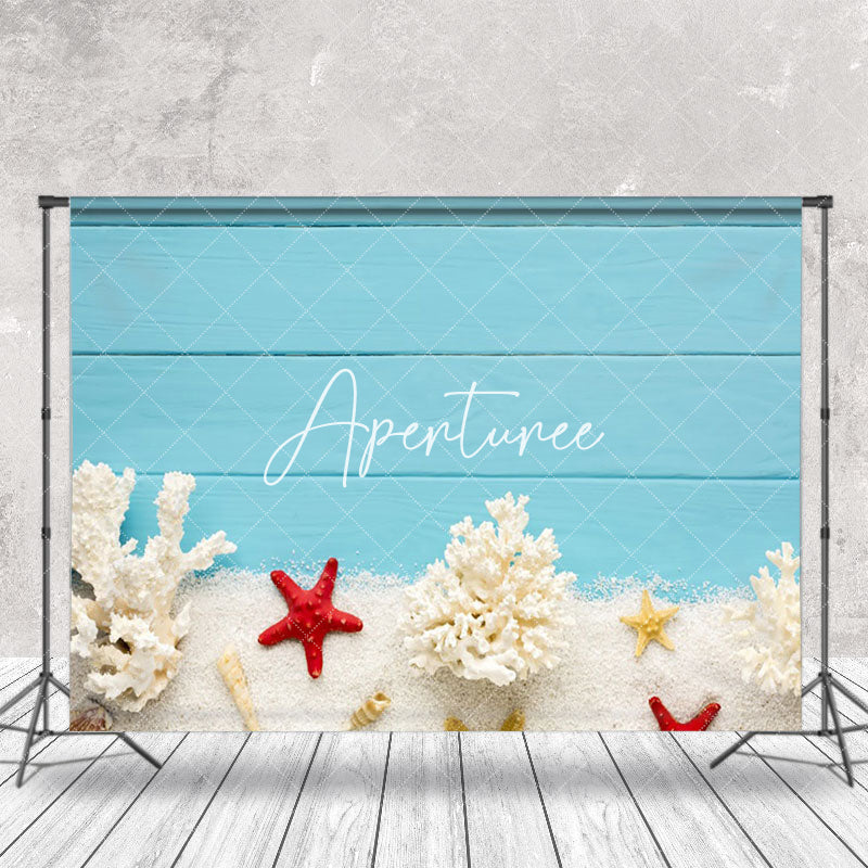 Aperturee - Blue Wooden Sand Starfish Coastal Summer Backdrop