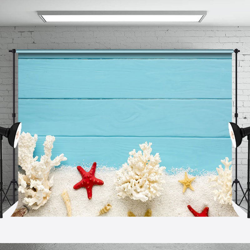 Aperturee - Blue Wooden Sand Starfish Coastal Summer Backdrop