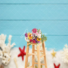 Aperturee - Blue Wooden Sand Starfish Coastal Summer Backdrop