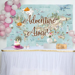 Aperturee - Blue World Map Travel Baby Shower Backdrop For Boy