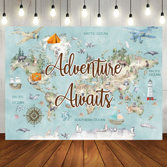 Aperturee - Blue World Map Travel Baby Shower Backdrop For Boy