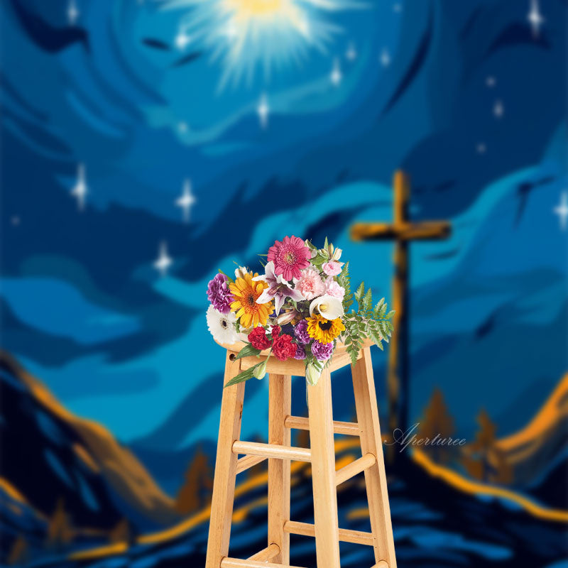 Aperturee - Blue Yellow Cartoon Sky Cross Star Easter Backdrop