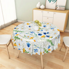 Aperturee - Blue Yellow Floral Greenery Spring Round Tablecloth