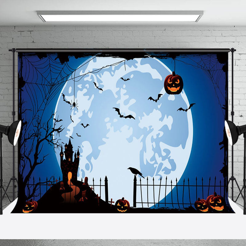 Aperturee - Bluey Moon Vibe Pumpkin Bats Happy Halloween Backdrop