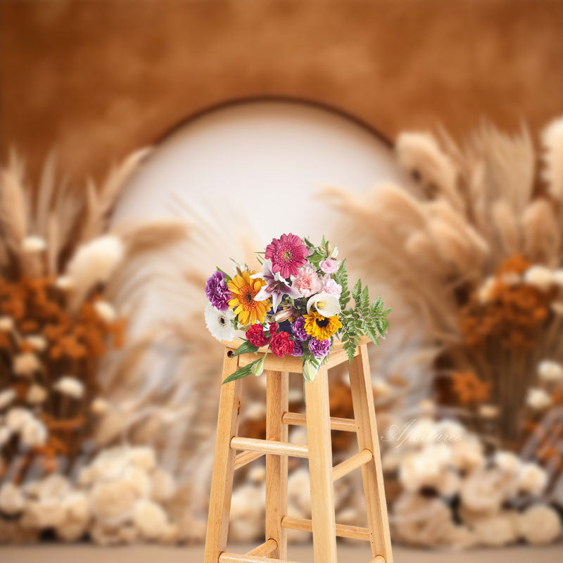 Aperturee - Boho Arch Floral Reed Champagne Photography Backdrop