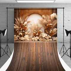 Aperturee - Boho Arch Floral Reed Wood Texture Floor Sweep Backdrop