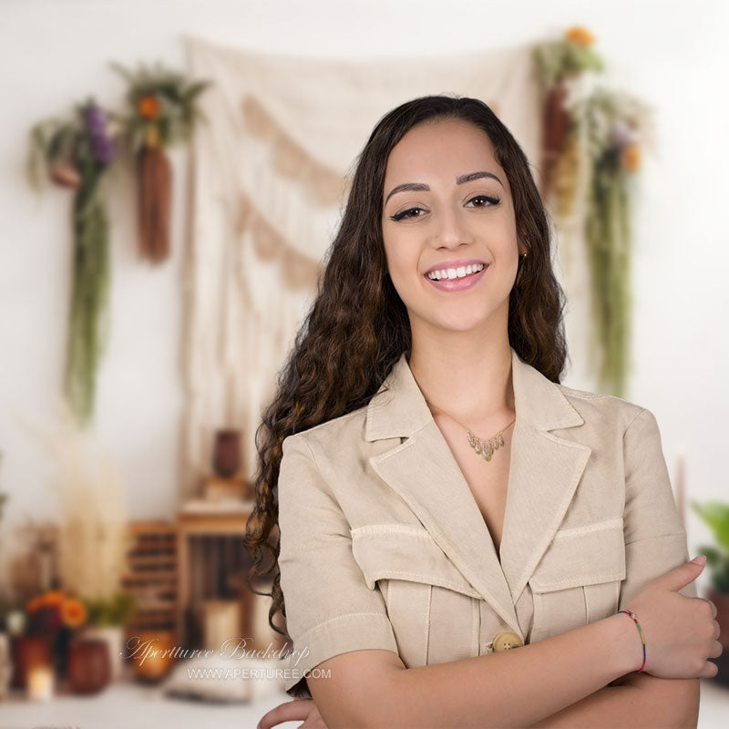 Aperturee - Boho Beige Curtain Plant Floral Cake Smash Backdrop