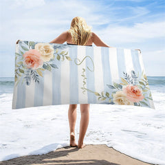 Aperturee - Boho Blue Floral Stripes Custom Name Beach Towel