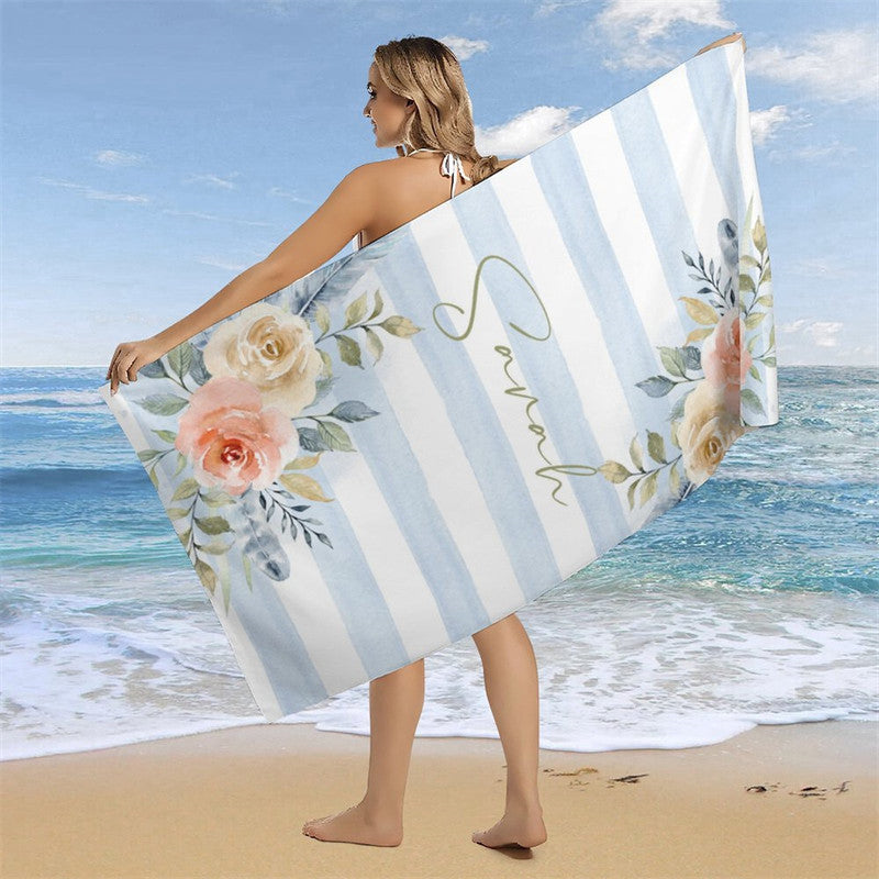 Aperturee - Boho Blue Floral Stripes Custom Name Beach Towel