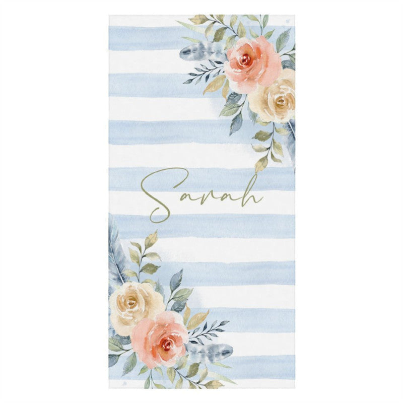 Aperturee - Boho Blue Floral Stripes Custom Name Beach Towel