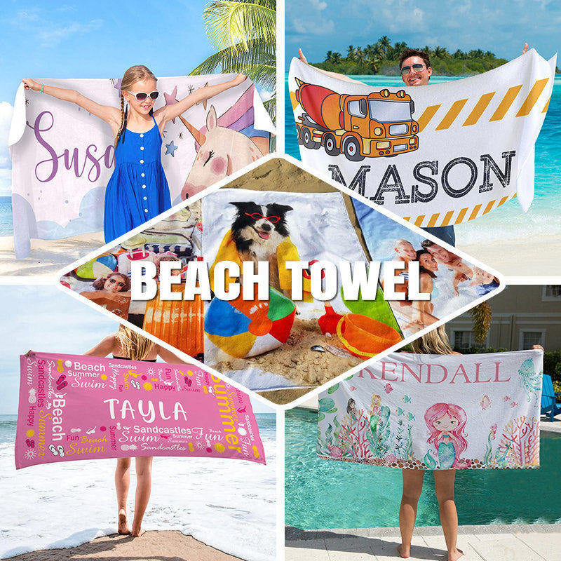 Aperturee - Boho Blue Floral Stripes Custom Name Beach Towel