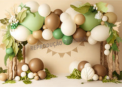 Aperturee - Boho Brown Green Balloon Wood Door Cake Smash Backdrop