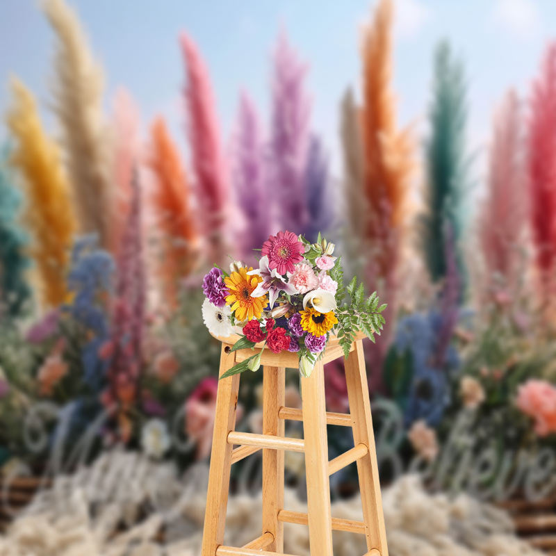 Aperturee - Boho Colorful Flowers Feather Spring Photo Backdrop