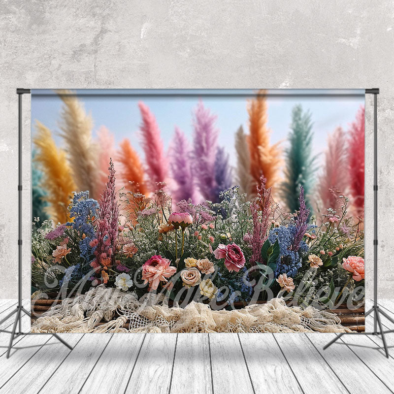 Aperturee - Boho Colorful Flowers Feather Spring Photo Backdrop