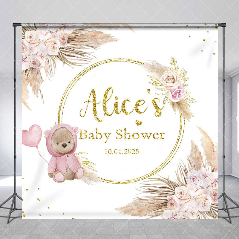 Aperturee - Boho Floral Bear Custom Name Baby Shower Backdrop