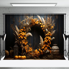 Aperturee - Boho Floral Feather Pumpkins Autumn Photo Backdrop