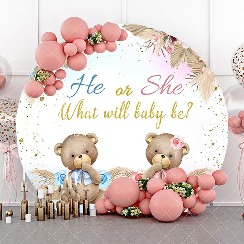 Aperturee - Boho Floral Leaves Bear Round Gender Reveal Backdrop