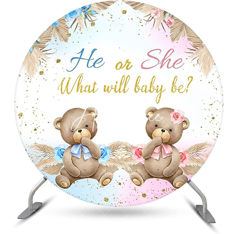 Aperturee - Boho Floral Leaves Bear Round Gender Reveal Backdrop