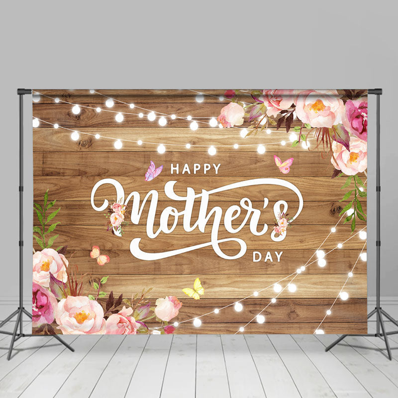 Aperturee - Boho Floral Light Wooden Happy Mothers Day Backdrop