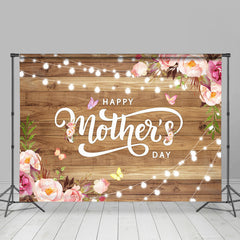 Aperturee - Boho Floral Light Wooden Happy Mothers Day Backdrop