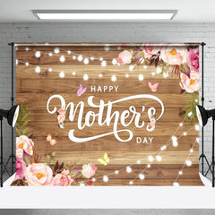 Aperturee - Boho Floral Light Wooden Happy Mothers Day Backdrop