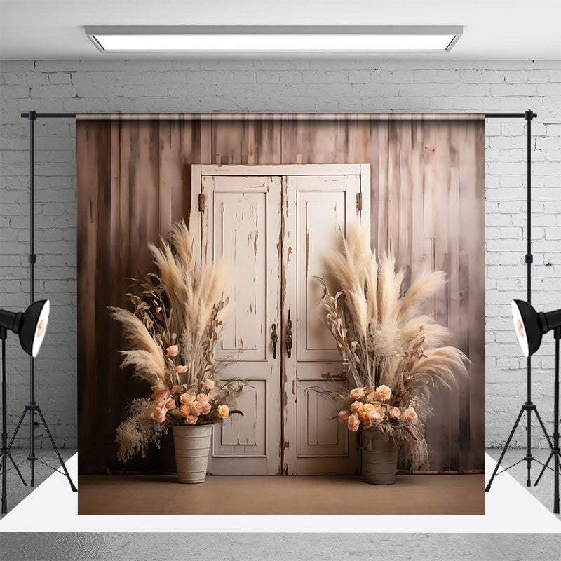 Aperturee - Boho Floral Retro Wooden Door Photography Backdrop