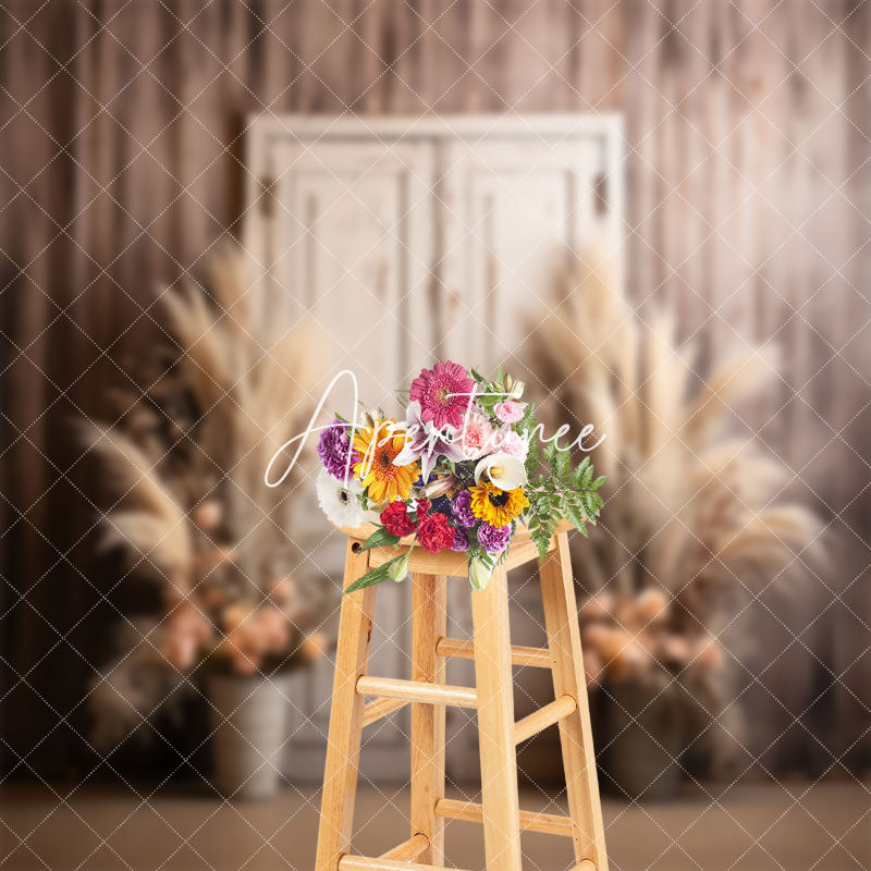 Aperturee - Boho Floral Retro Wooden Door Photography Backdrop