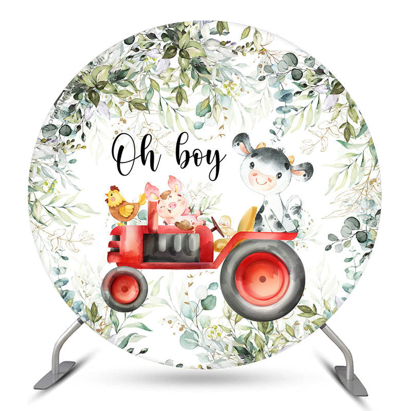 Aperturee Boho Leaf Animals Oh Boy Round Baby Shower Backdrop