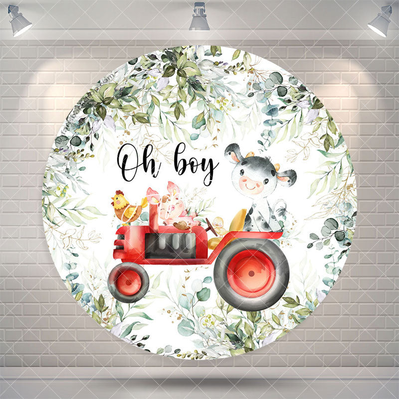 Aperturee Boho Leaf Animals Oh Boy Round Baby Shower Backdrop