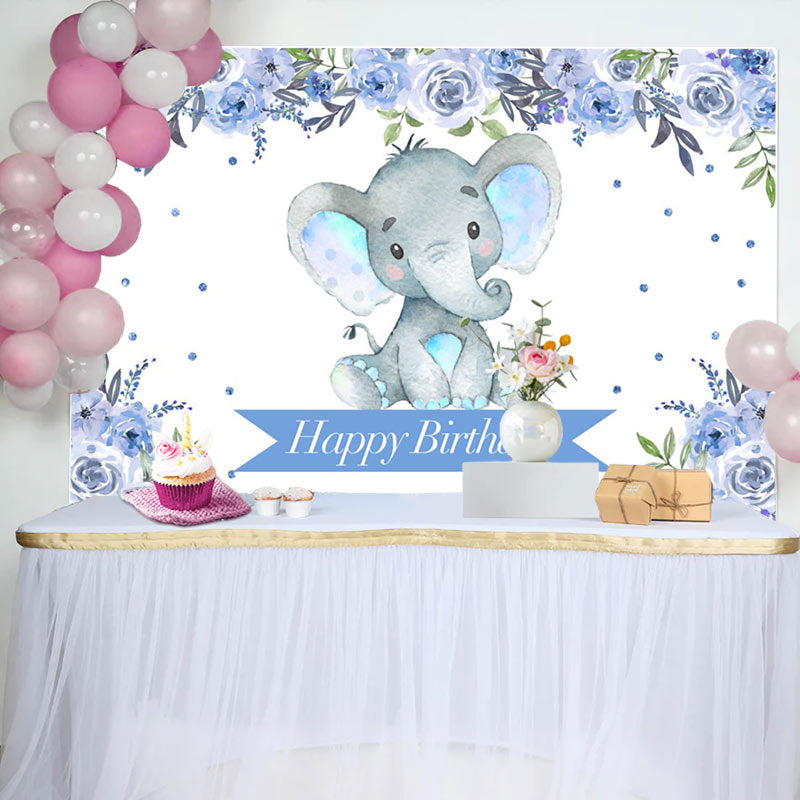 Aperturee - Boho Light Blue Floral Elephant Birthday Backdrop