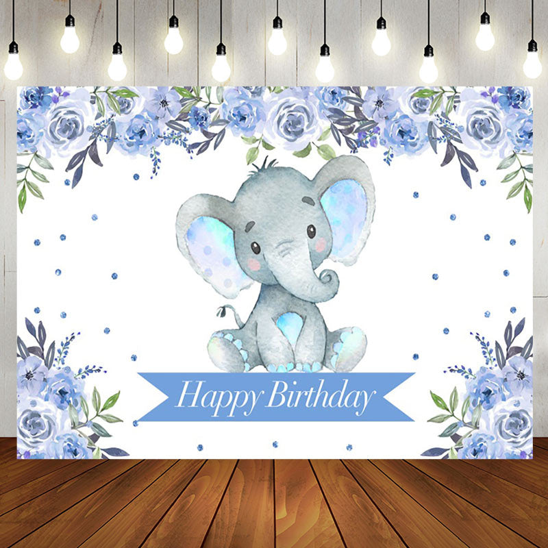 Aperturee - Boho Light Blue Floral Elephant Birthday Backdrop