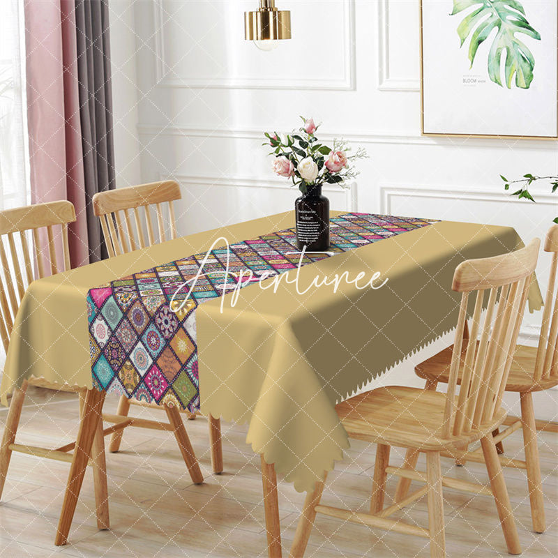 Aperturee - Boho Mandala Ethnic Yellow Plaid Rectangle Tablecloth