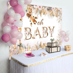 Aperturee - Boho Pink Floral Leaves Giraffe Baby Shower Backdrop