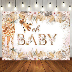 Aperturee - Boho Pink Floral Leaves Giraffe Baby Shower Backdrop