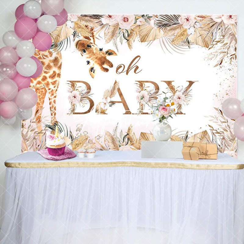 Aperturee - Boho Pink Floral Leaves Giraffe Baby Shower Backdrop