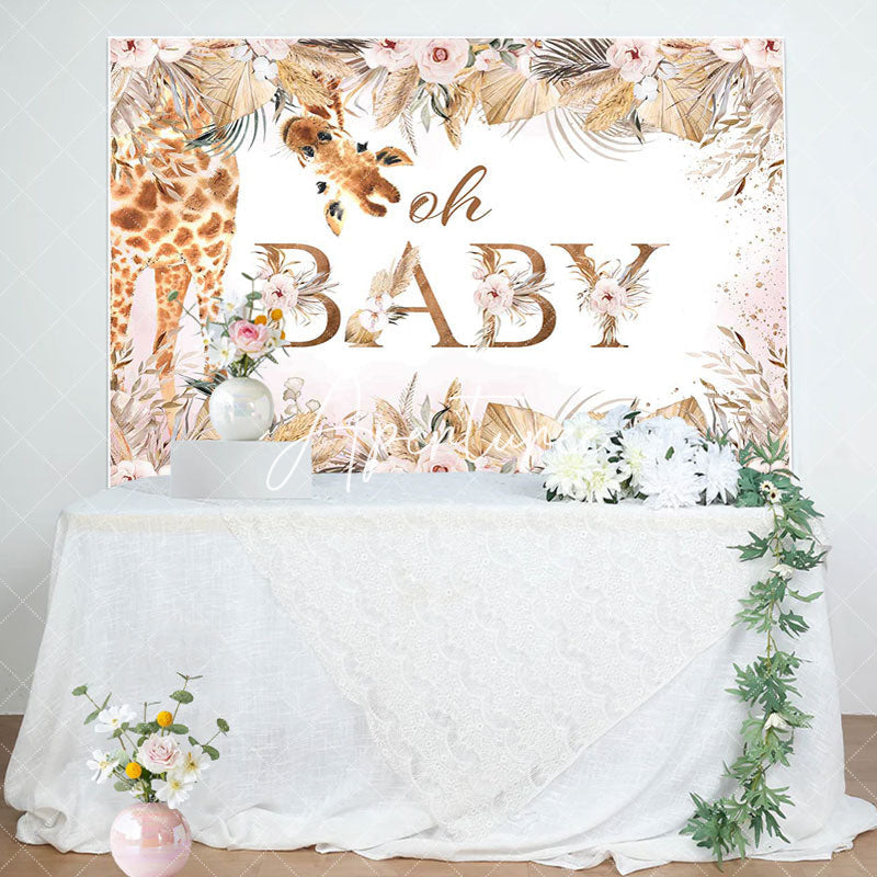 Aperturee - Boho Pink Floral Leaves Giraffe Baby Shower Backdrop