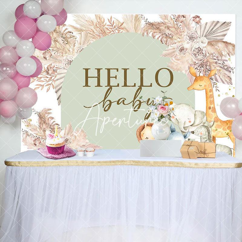 Aperturee - Boho Pink Floral Safari Animals Baby Shower Backdrop