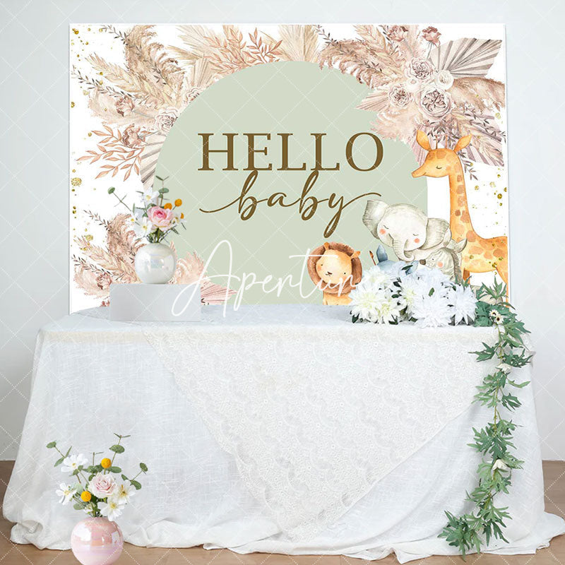 Aperturee - Boho Pink Floral Safari Animals Baby Shower Backdrop