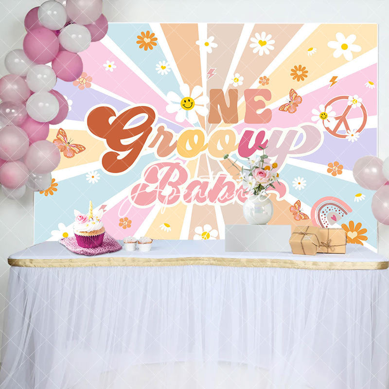 Aperturee - Boho Rainbow Stripe One Groovy Babe Birthday Backdrop