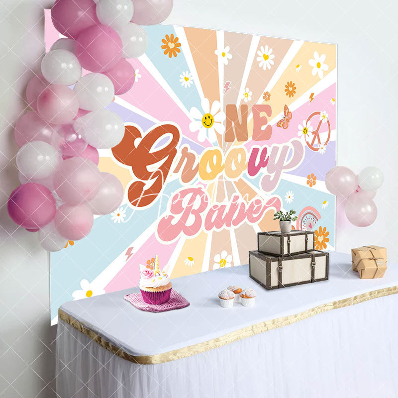 Aperturee - Boho Rainbow Stripe One Groovy Babe Birthday Backdrop