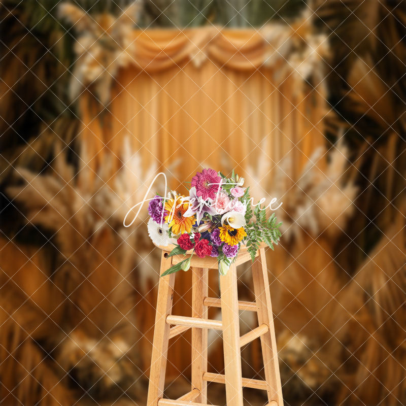 Aperturee - Boho Yellow Monstera Curtain Cake Smash Backdrop