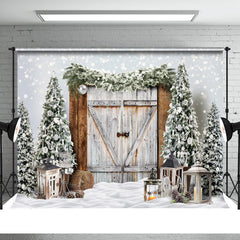 Aperturee - Bokeh Snow Winter Wood Door Christmas Tree Backdrop