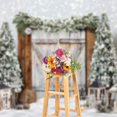 Aperturee - Bokeh Snow Winter Wood Door Christmas Tree Backdrop