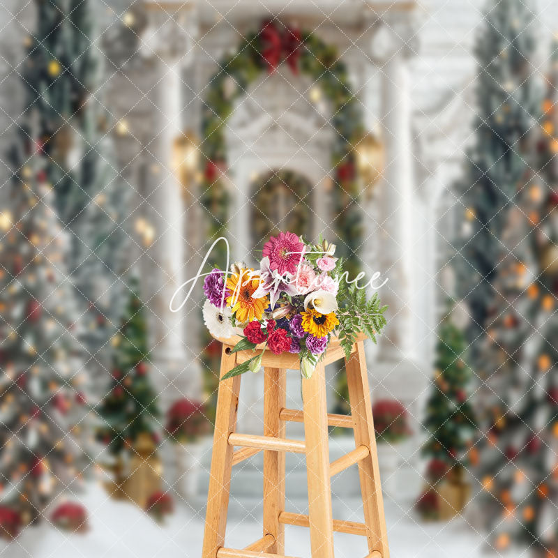 Aperturee - Bokeh White Luxury Door Trees Christmas Backdrop