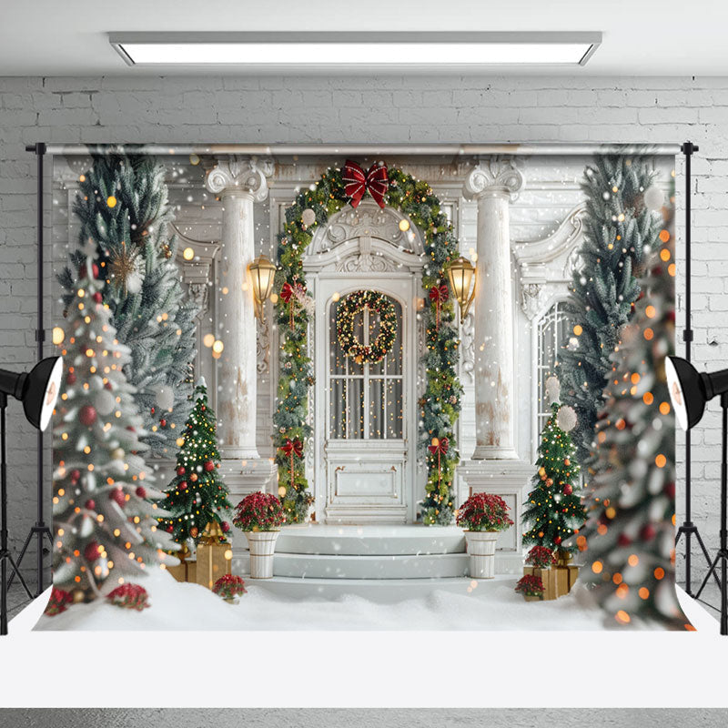 Aperturee - Bokeh White Luxury Door Trees Christmas Backdrop