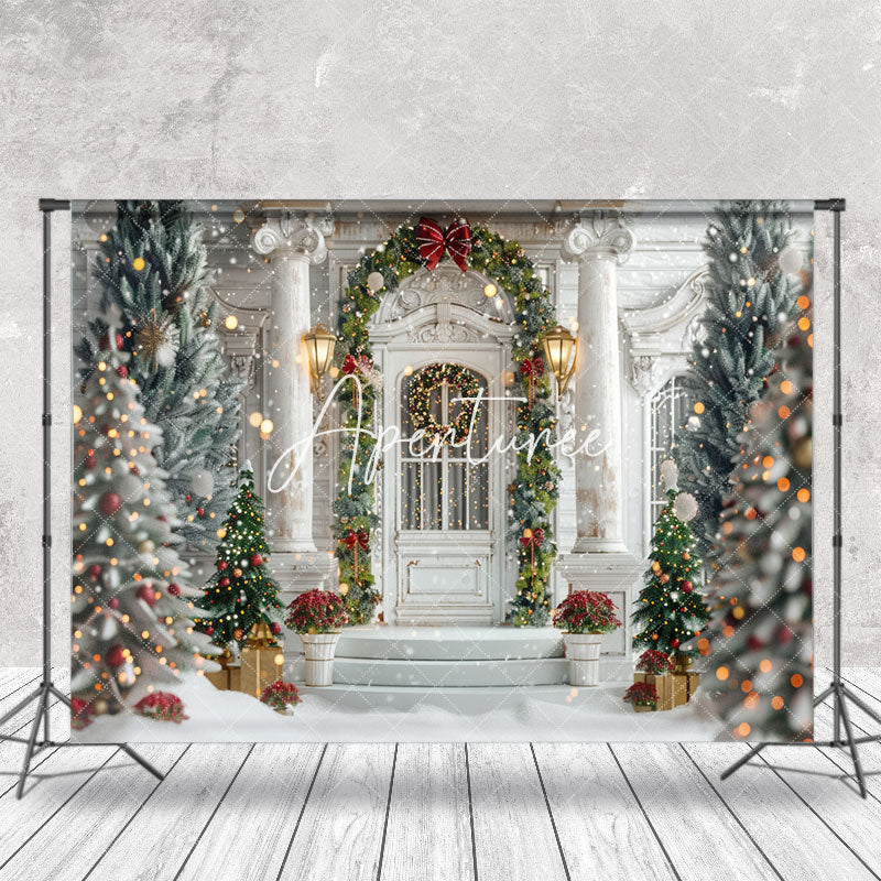 Aperturee - Bokeh White Luxury Door Trees Christmas Backdrop