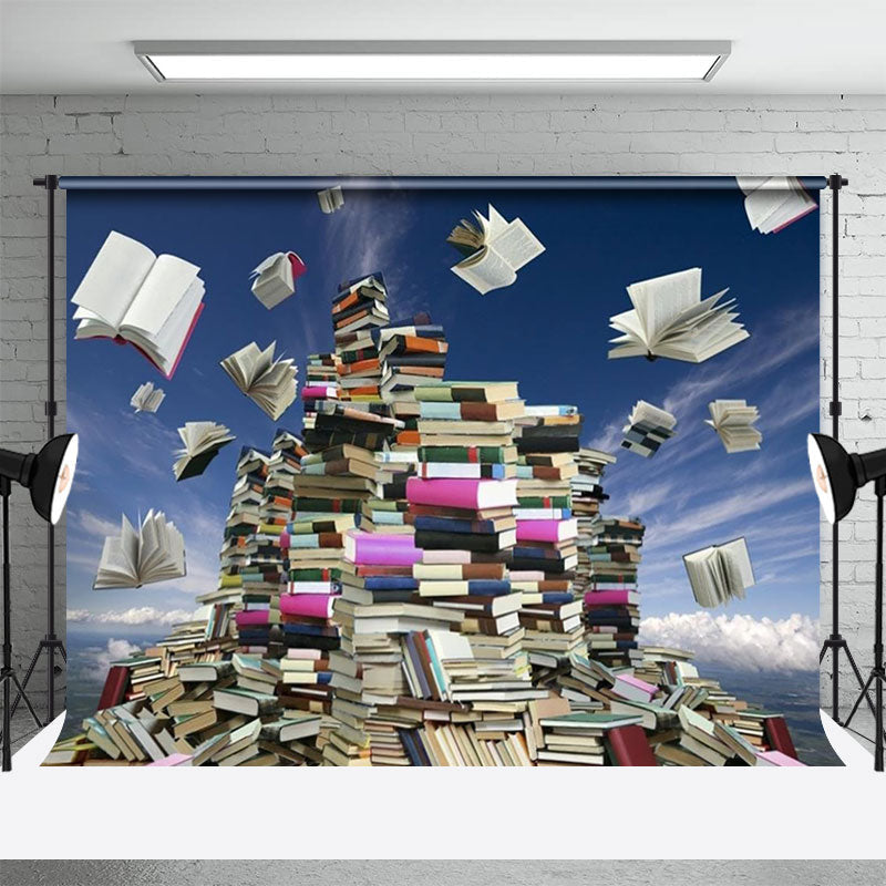 Aperturee - Books Flying In Blue Sky World Book Day Backdrop