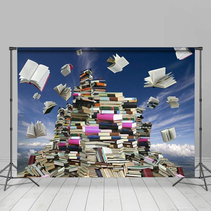 Aperturee - Books Flying In Blue Sky World Book Day Backdrop